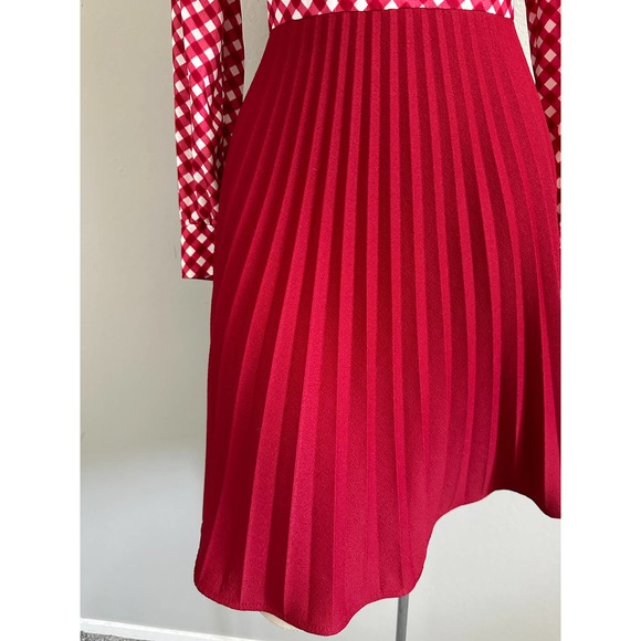 Vintage 60s 70s Red Check Skater Accordion Pleated Dagger Collar Mod Red Dress - Picture 3 of 15